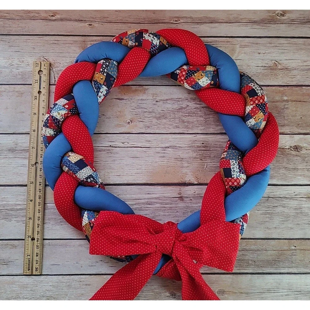 Vintage braided wreath country Primitive fabric hand crafted bow red Blue A14